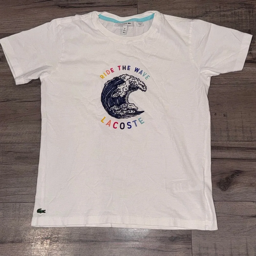 Lacoste Graphic T-Shirt Kids 12 White Ride The Wave Surf Coastal‎ Skate